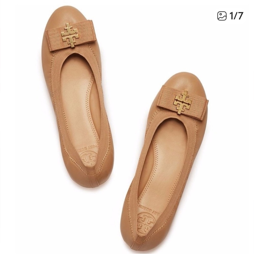Tory Burch Tan Leather Ballet Flats Gold Logo Slip Size 8.5